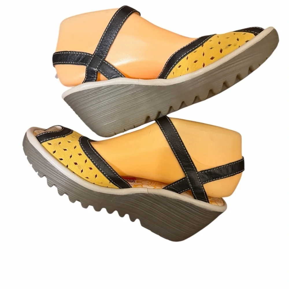 Fly London Yellow and Black Wedges sandals